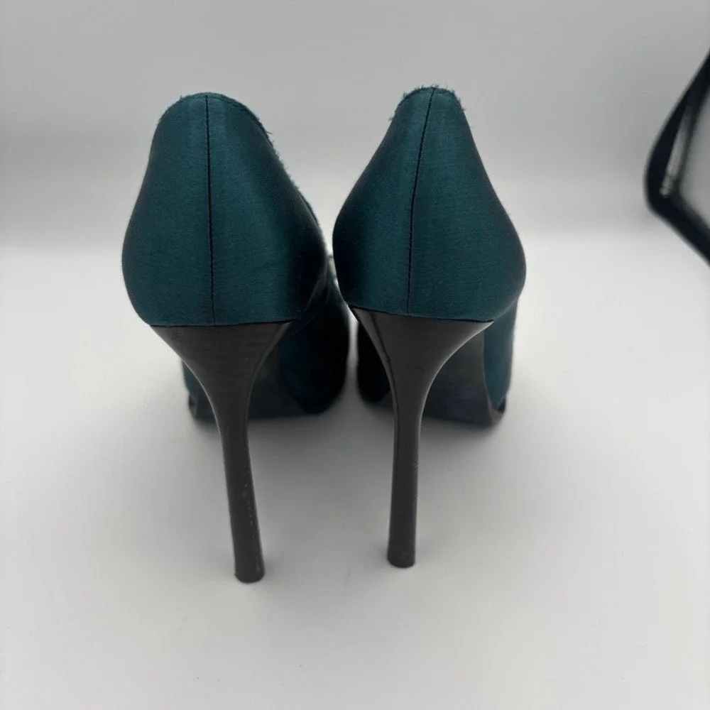 Lanvin Platform Pumps Women Sz 39 Teal Satin Buckle Stiletto Heel Luxury